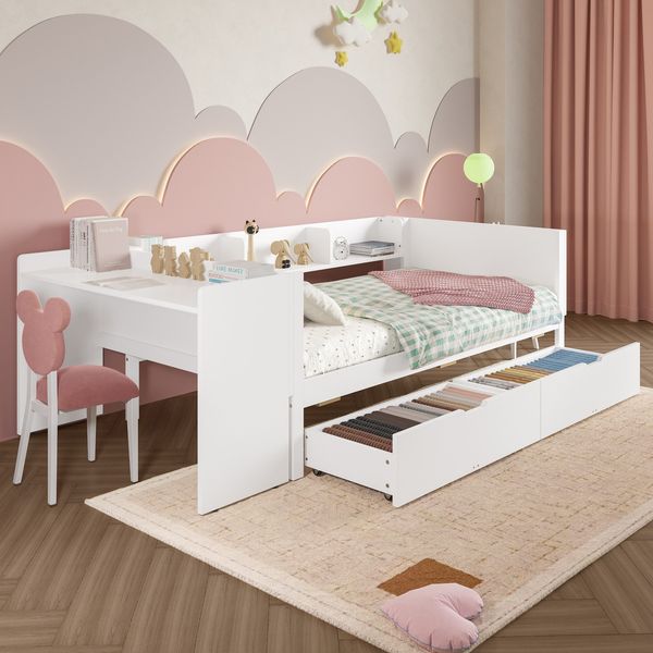 Jugendbett mit Schubladen, Lattenrost und Schreibtisch, 90x200 cm, Einzelbett, Holzbett
