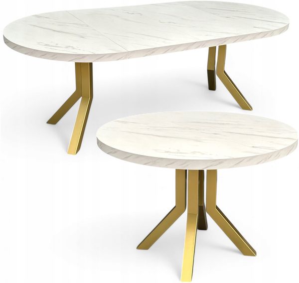 Ausziehbarer runder Esstisch Ø110–210 cm Marmor Weiß – Goldene Metallbeine X SLIM