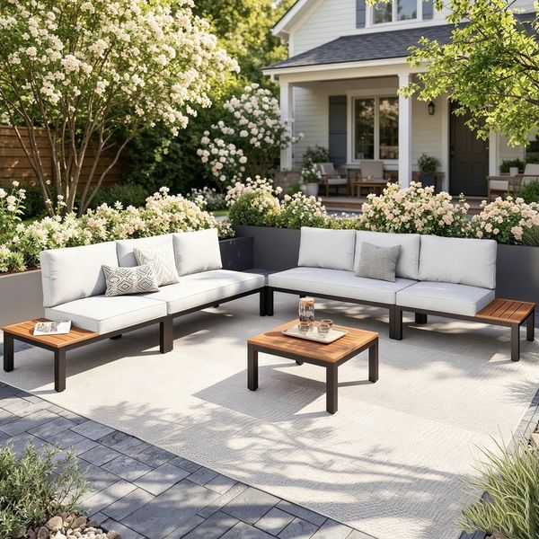 PHI VILLA Gartenlounge-Set, (Balkonmöbel Outdoor Ecksofa, Metall Gartenmöbel Set), Außen Gartensofa Wetterfest mit Couchtisch und Kissen, Beige-Grau