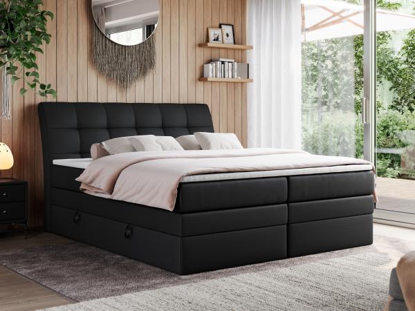 Boxspringbett, Stauraumbett, Bett mit Multipocket-Matratze und Topper - GOLD-10-KING - 180x200cm - Schwarz Kunstleder - H3