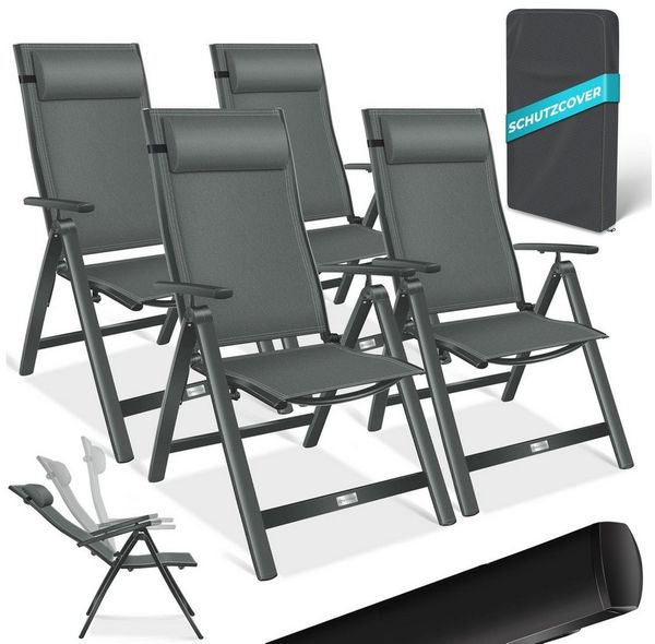 KESSER® Gartenstuhl Hochlehner mit Armlehnen | Aluminium Klappstuhl inkl. Kopfkissen Campingstuhl 7-Fach Verstellbar Rückenlehne | Atmungsaktiv & Wetterfest | Klappbar & Anti-Rutsch Anthrazit, 4 Stück