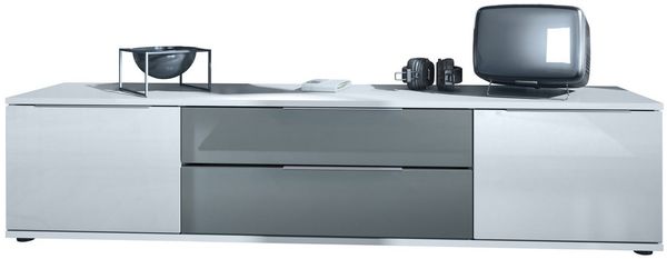 Vladon Lowboard Linio V2 (Fernsehtisch, mit 2 Türen und Schubladen), Weiß / Grau Hochglanz (166,5 x 37,5 x 35 cm)