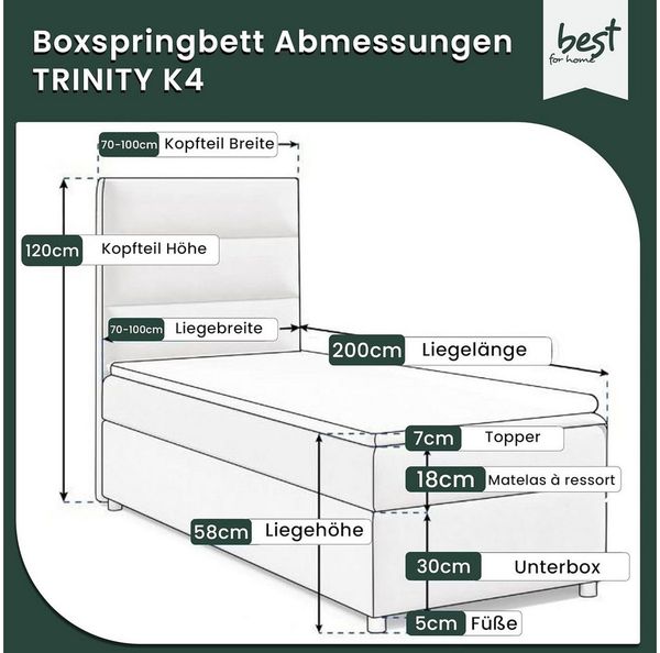 Best for Home Boxspringbett mit Bettkasten Trinity K-4 SINGLE Bonell-Matratze inkl. Topper H3 (Einzelbett, Polsterbett mit gepolstertes Kopfteil, Jugendbett, Kinderbett versch. Größen, 70x200 80x200 90x200 100x200 cm), verschiedene Liefermöglichkeiten,...