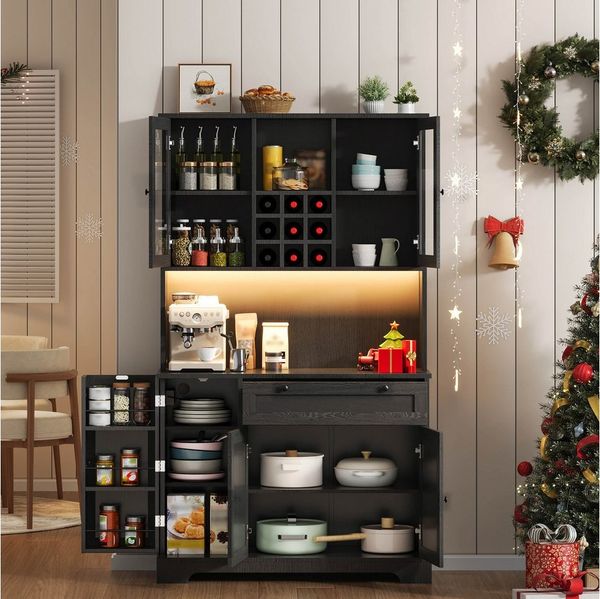 Flieks Küchenbuffet mit Steckdose, LED-Beleuchtung, Weinregal, Glastüren und Türablagen (1-St, 105x40x180 cm) Hochschrank Küchenschrank Geschirrschrank mit verstellbare Ablagen