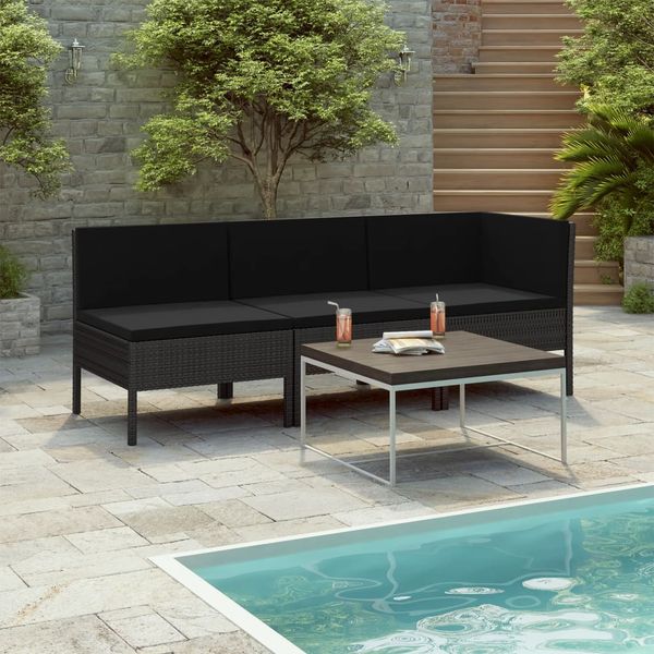 vidaXL 3-tlg. Garten-Lounge-Set mit Auflagen Poly Rattan Schwarz 310203