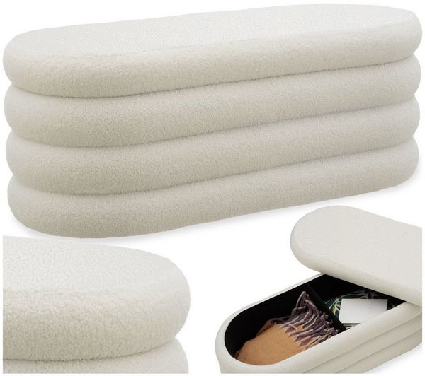 tectake® Sitzbank mit Stauraum, Scandi Sitzhocker, Hocker mit Stauraum, Teddy Stoff, Pouf, Polsterhocker, Sitztruhe, Truhe mit Deckel, Truhenbank mit Stauraum, Möbel für Wohnzimmer - Bouclé créme-weiß