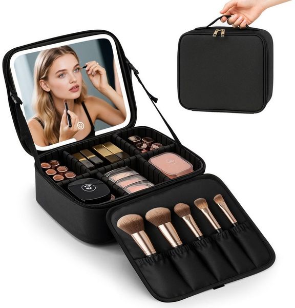 Youyijia Aufbewahrungsbox Reise Make-up Tasche mit LED Spiegel, 3 Lichtfarben & Dimmbar