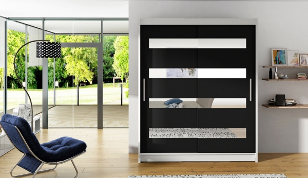 Kleiderschrank Westa XIII, ohne Beleuchtung, Farbe: Weiß / Schwarz + Spiegel