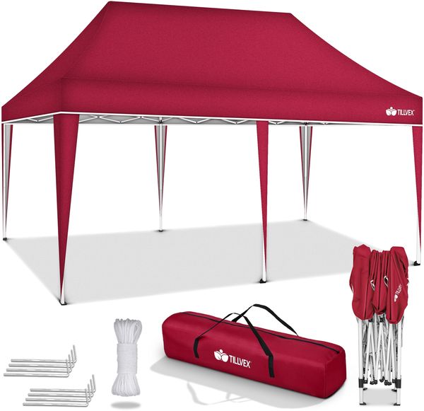 tillvex Pavillon 3x6m Rot wasserdicht | Pop-Up Faltpavillon höhenverstellbar | Gartenzelt UV Schutz 50+ | Partyzelt mit Tasche für Garten