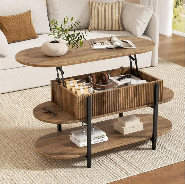 FABATO Couchtisch oval, höhenverstellbar mit verstecktem Stauraum, 3-Etagen-Design (1-St), 105.9×45×50-63.5cm, natur