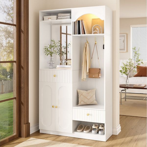 Merax Kompaktgarderobe mit Spiegel & Sitzbank (100 x 35 x 180 cm, 1-St) Garderoben-Set Flurgarderobe mit Schuhschrank, Haken & Stauraum