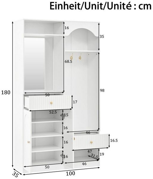 Merax Kompaktgarderobe mit Spiegel & Sitzbank (100 x 35 x 180 cm, 1-St) Garderoben-Set Flurgarderobe mit Schuhschrank, Haken & Stauraum Bild 4