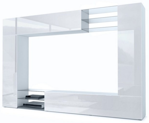 Vladon Wohnwand Mirage, Anbauwand mit Rückwand mit 2 Türen, 2 Klappen und 6 offenen Glasablagen, Weiß matt/Weiß Hochglanz (262 x 183 x 39 cm) Bild 4