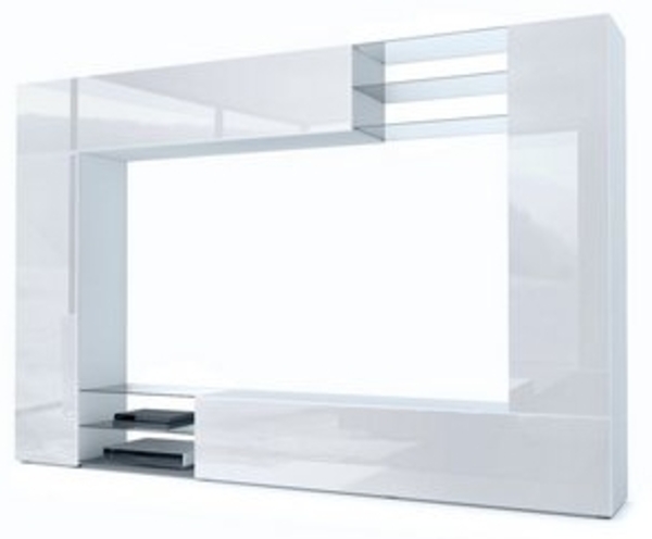 Vladon Wohnwand Mirage, Anbauwand mit Rückwand mit 2 Türen, 2 Klappen und 6 offenen Glasablagen, Weiß matt/Weiß Hochglanz (262 x 183 x 39 cm) Bild 6