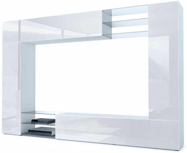 Vladon Wohnwand Mirage, Anbauwand mit Rückwand mit 2 Türen, 2 Klappen und 6 offenen Glasablagen, Weiß matt/Weiß Hochglanz (262 x 183 x 39 cm) Bild 5