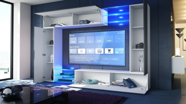 Vladon Wohnwand Mirage, Anbauwand mit Rückwand mit 2 Türen, 2 Klappen und 6 offenen Glasablagen, Weiß matt/Weiß Hochglanz (262 x 183 x 39 cm) Bild 2