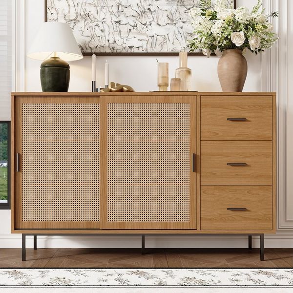 Merax Sideboard Kommode mit 2 Rattan Schiebetüren, 3 Schubladen (1 St, für Wohnzimmer Esszimmer, Natur), Landhausstil Sideboard mit Verstellbaren Böden