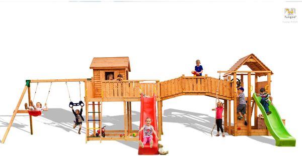 Fungoo Spielturm "Maxi Set Smile Farm My Space XL Fortress Toybox Rainbow Move+", teak,mit 2x Rutschen, 2x Spieltürmen, Verbindungsbrücke, Leiter, Schaukel, Trapez, Kletterseil und Kletterwand