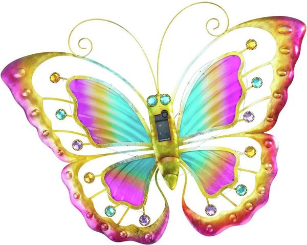 Maximex LED Solar Gartenleuchte Schmetterling mit bunten Glasflügeln, Dämmerungssensor, wetterfest, dekorative Solar Wanddeko für Garten, Balkon und Zaun, 40 x 3 x 54 cm, Metall Glas