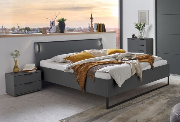 Bettanlage >Tilburg< (4tlg. ) LED, Bett 168x92x210, Nachtkommoden, Kommode, Farbe Grafit