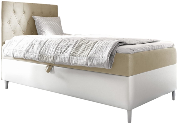 MEBLINI Kinderbett mit Bettkasten FILIPPO 1 90x200 Links - H3/Beige Samt Gepolstert Einzelbett mit Matratze - Polsterbett mit Stauraum - Bett mit Kopfteil – Stauraumbett