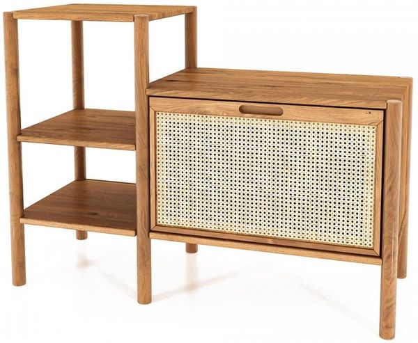 Bücherregal Zola Wildeiche massiv und Rattan 115x86 cm mit 1 Tür 2 offene Fächer