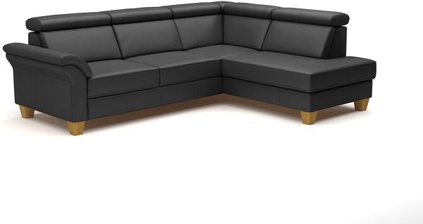 CAVADORE Leder-Schlafsofa Ammerland mit Ottomane / Landhaus-Sofa mit Federkern, Bett, Bettkasten + Kopfteilverstellung / 245 x 84 x 194 / Leder Schwarz