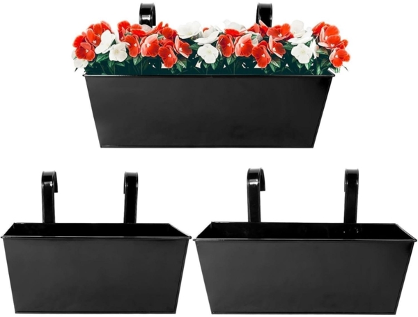 3 Hängende Metall Blumentöpfe für Balkon Garten - Pflanzkasten Schwarz