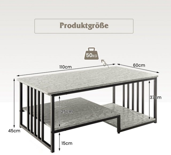 COSTWAY Couchtisch, rechteckig, Marmor, mit Stauraum, Holz, grau, 110x60x45cm Bild 4