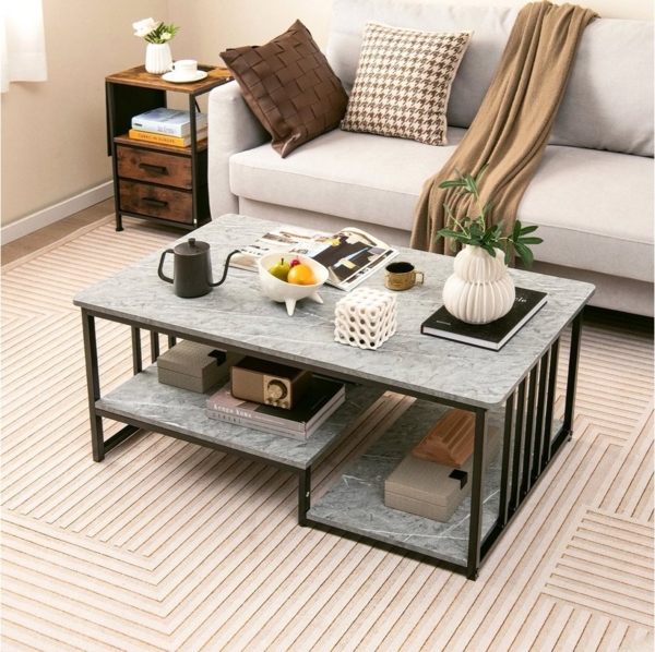 COSTWAY Couchtisch, rechteckig, Marmor, mit Stauraum, Holz, grau, 110x60x45cm Bild 5