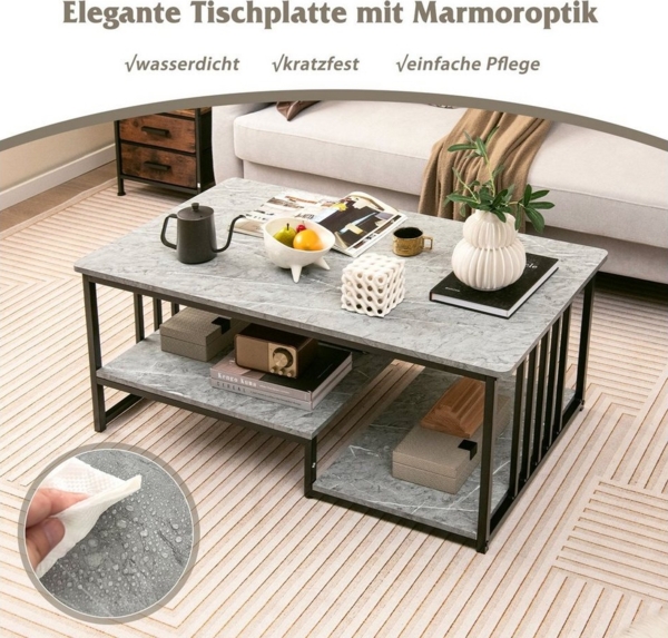 COSTWAY Couchtisch, rechteckig, Marmor, mit Stauraum, Holz, grau, 110x60x45cm Bild 3