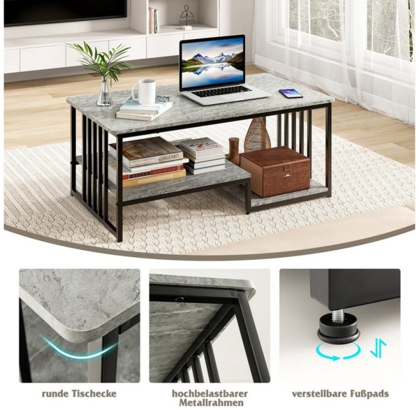 COSTWAY Couchtisch, rechteckig, Marmor, mit Stauraum, Holz, grau, 110x60x45cm Bild 2