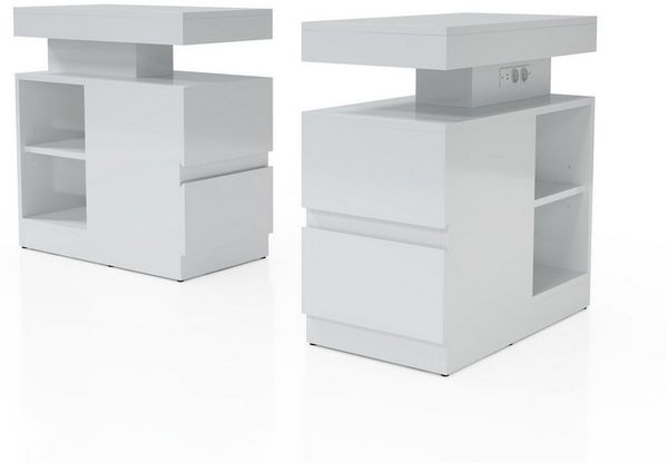 JOIVI Beistelltisch Moderner Beistelltisch im Hochglanz (Wohnzimmertisch in 60 x 32 x 62 cm, Kaffeetisch mit 2 Schuhbladen), Sofatisch für Wohnzimmer, Schlafzimmer, Büro, Weiß