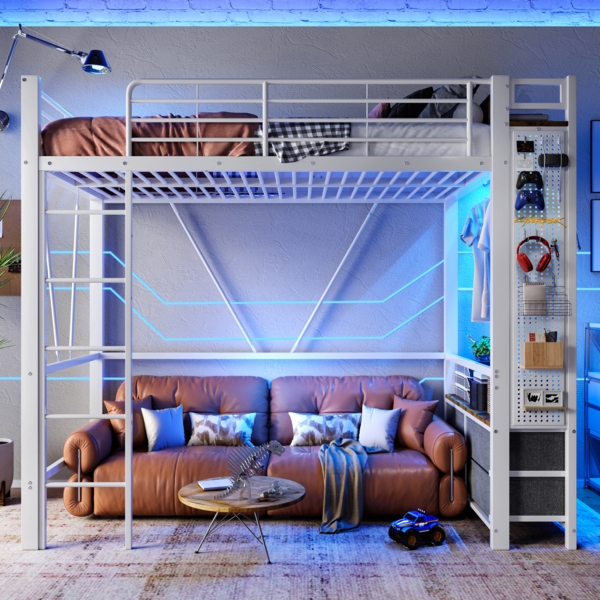 Hochbett 90x200 cm mit Hängestange, Einlegeböden, 4 Schubladen, mehrfarbige LED-Lichtleiste in Weiß