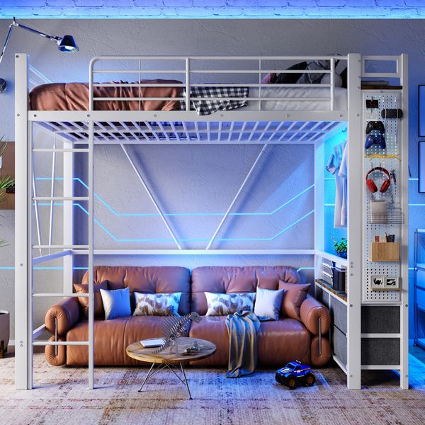 Hochbett 90x200 cm mit Hängestange, Einlegeböden, 4 Schubladen, mehrfarbige LED-Lichtleiste in Weiß