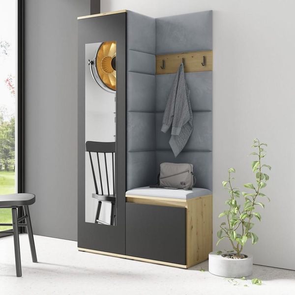 Garderoben-Set Iga, Moderner Kleiderschrank mit Polsterplatten und Schuhschrank – Ideal für Flur und Eingangsbereich (Artisan/Schwarz, Trinity 14), 185 x 40 x 95 cm