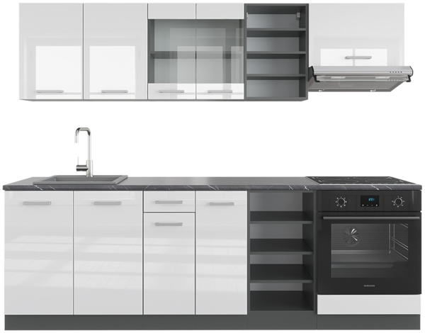 Küchenzeile R-Line Weiß Hochglanz/Anthrazit 240 cm , AP Anthrazit Vicco