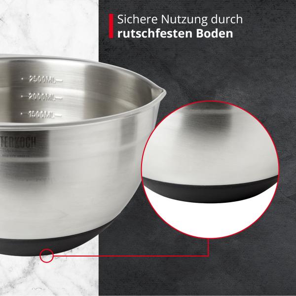 MEISTERKOCH Schüssel 2,5 Liter aus Edelstahl in silberfarben, mit Innenskalierung und Ausguss, rutschfester Boden, Rührschüssel, Salatschüssel, Schale, Bowl, ideal zum Mischen, stapelbar