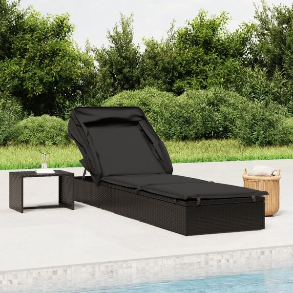 Sonnenliege, Gartenliege mit Faltdach Schwarz 213x63x97 cm Poly Rattan