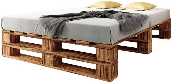 sunnypillow Palettenbett M2 aus Holz 140x200 cm mit Lattenrost, Doppelbett, Familienbett - erhöhtes Ehebett Bettgestell Futonbett Komforthöhe Geflammt Massivholzbett