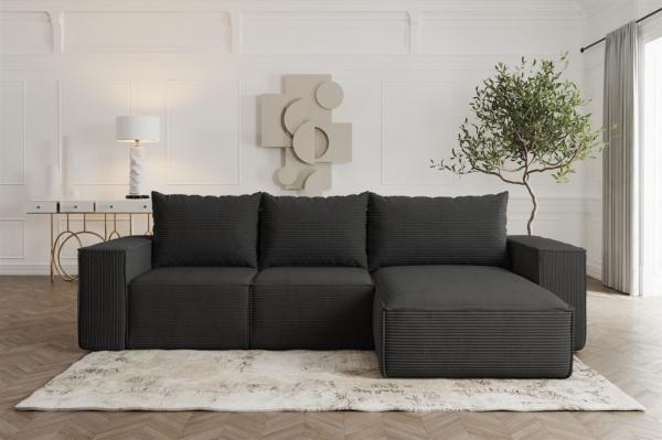 Ecksofa Sofa mit Schlaffunktion ESTELLE in Stoff Poso Schwarz Ottomane Rechts