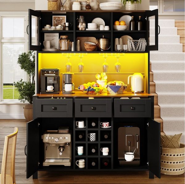 Flieks Küchenbuffet mit Steckdosen, LED-Beleuchtung, Gläserhalter und Weinregal (Mehrzweckschrank mit Arbeitsplatte in Holzoptik Walnussholzfarbe, 1-St, 120x40x170 cm) Hochschrank Küchenschrank Geschirrschrank mit Glastüren und Schubladen