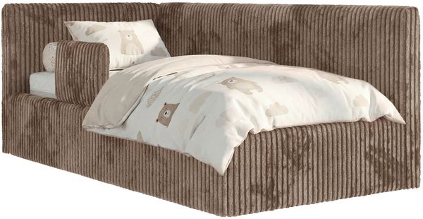 Kinderbett, Polsterbett 90x200 TILVO ALTA mit Rausfallschutz & Bettkasten, Gasdruckfeder-Lift, inkl. Lattenrost, Matratze wählbar - Braun Cord - Links Seite Bild 6