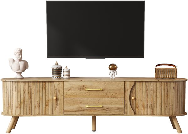 Erbsenförmiges TV-Board mit vertikaler Rillenoptik, 2 Schiebetüren + 2 Schubladen, Massivholzfüße, Holzoptik, MDF-Material, moderner skandinavischer Stil