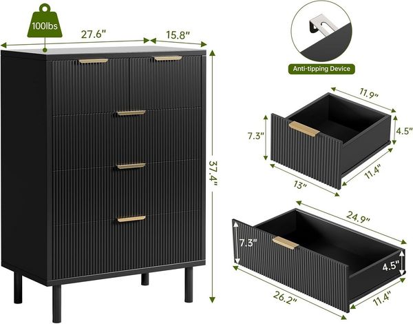 GarveeMore Kommode mit 5 Schubladen und Metallbeinen für Schlafzimmer,Holzmaserung, Holzkommode mit Stauraum und Kippschutzvorrichtung,70x40x95cm Bild 2