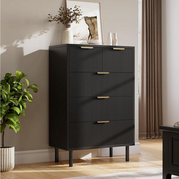 GarveeMore Kommode mit 5 Schubladen und Metallbeinen für Schlafzimmer,Holzmaserung, Holzkommode mit Stauraum und Kippschutzvorrichtung,70 x 40 x 95 cm