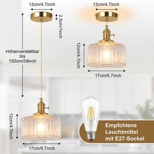 Rosnek Pendelleuchte Vintage LED Glas Hängelampe mit E27 Fassung und Glühbirne, LED wechselbar, Höhenverstellbar Warmweiße Hängeleuchte für Esstisch