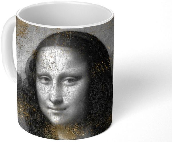 MuchoWow Tasse Mona Lisa - Da Vinci - Schwarz - Weiß - Gold, 1-tlg, Keramik, Kaffeetassen, Teetasse, Becher, Kaffeebecher, Geschenk