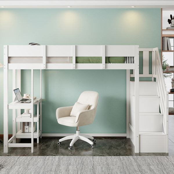 Weißes Hochbett 90x200 cm Mit Stauraumtreppe Und Ablageregal Kinderhochbett Aus Massivkiefer Sicherheitsbett Mit Schutzgeländer Platzsparendes Etagenbett Jugendzimmer Stauraum Lösung
