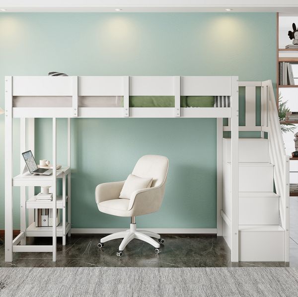 Weißes Hochbett 90x200 cm Mit Stauraumtreppe Und Ablageregal Kinderhochbett Aus Massivkiefer Sicherheitsbett Mit Schutzgeländer Platzsparendes Etagenbett Jugendzimmer Stauraum Lösung